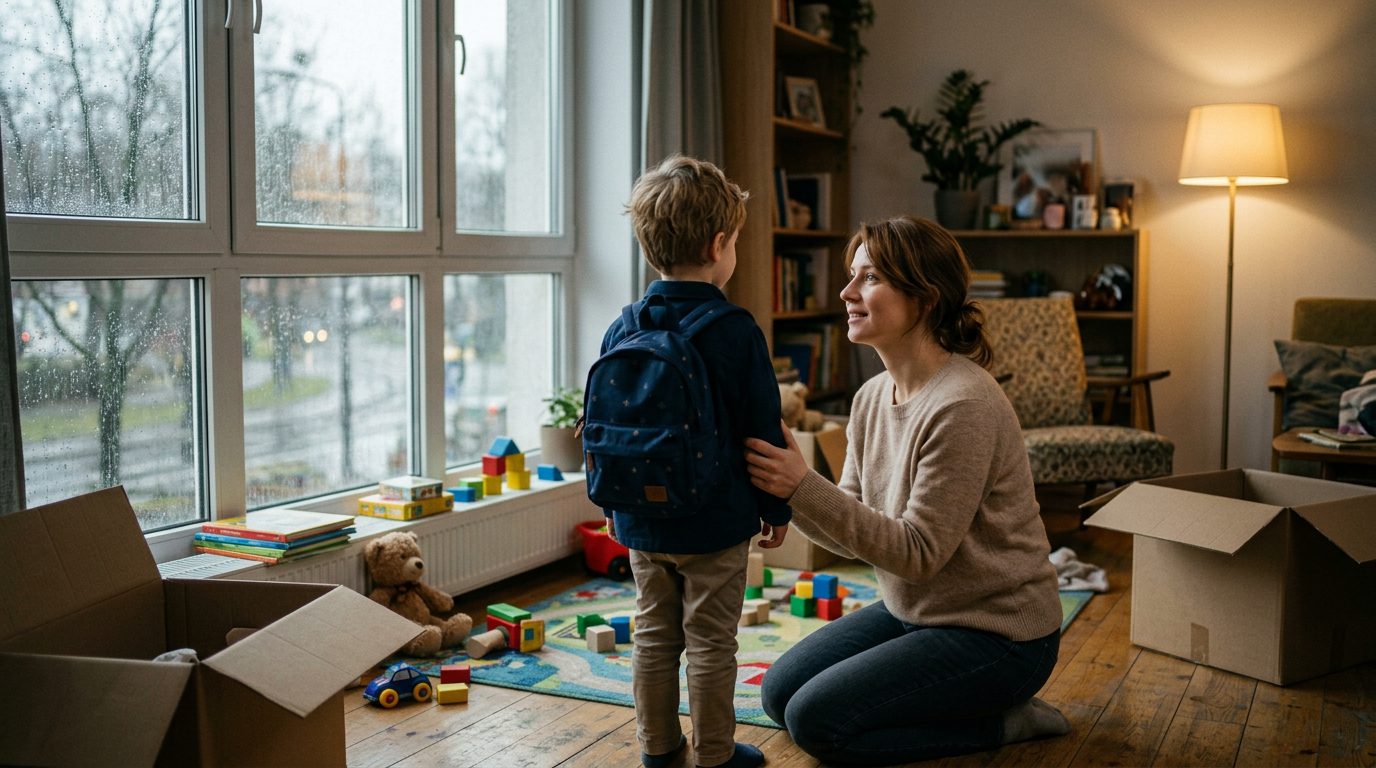 Kobieta klęczy przed chłopcem z plecaczkiem w deszczowy dzień