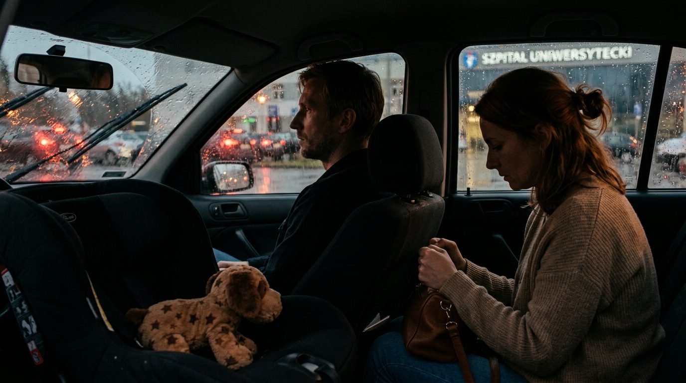 Małżonkowie w milczeniu w samochodzie na deszczowym parkingu