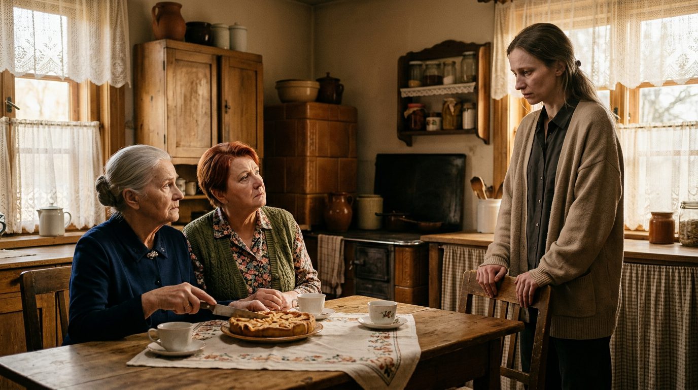 Babcia i mama przy stole z szarlotką, córka stoi naprzeciw nich