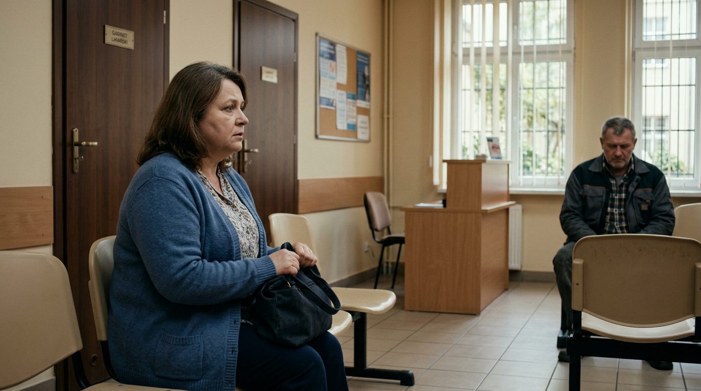 Kobieta czeka na wizytę u ginekologa, ściskając torebkę na kolanach