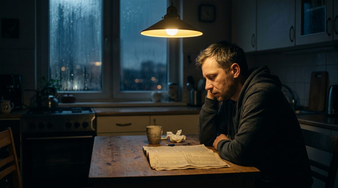 Mężczyzna nocą w kuchni wpatruje się w stary rachunek za telefon