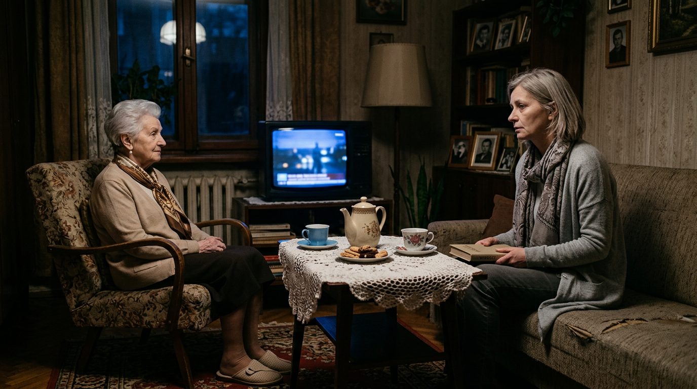 Córka z książką na kolanach patrzy na mamę wpatrzoną w telewizor