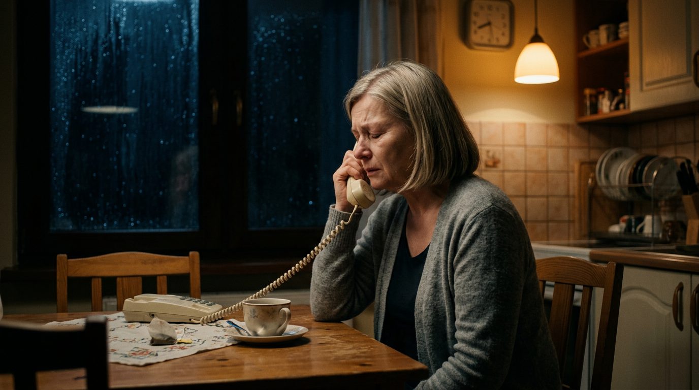 Kobieta w nocnej kuchni trzyma słuchawkę telefonu, obok stygnie herbata