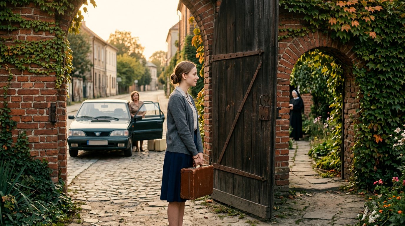 Nastolatka z walizką przed bramą klasztoru
