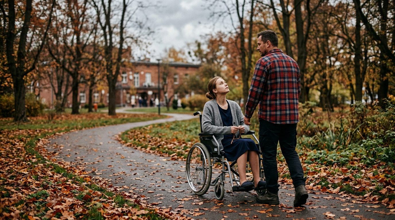 Mężczyzna pcha wózek z młodą kobietą po szpitalnym parku