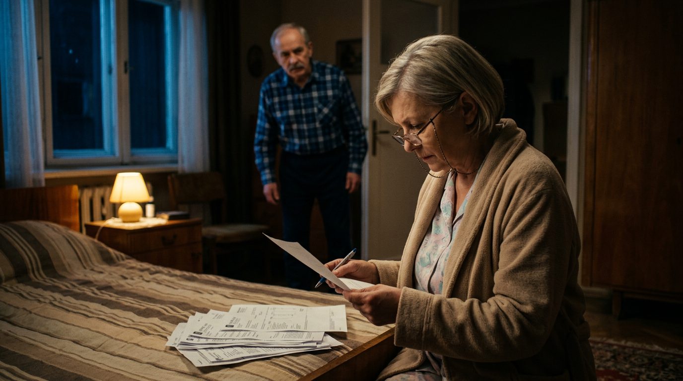 Kobieta nocą na brzegu łóżka z kartką i rachunkami telefonicznymi