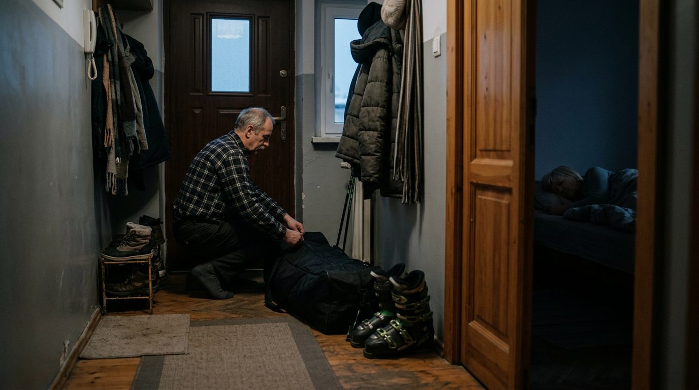 Mężczyzna o świcie po cichu pakuje narty w przedpokoju
