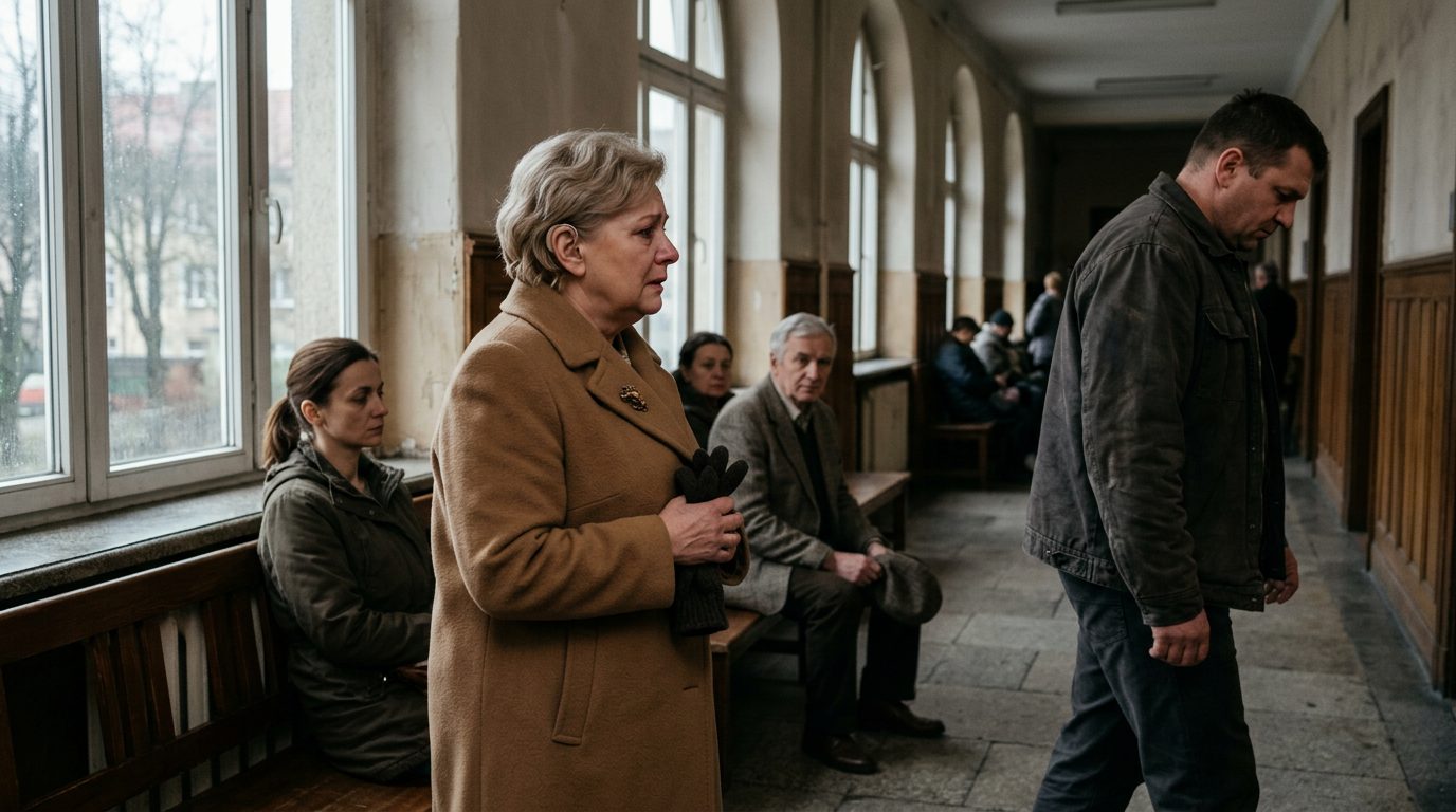 Kobieta na korytarzu sądu patrzy na odchodzącego zięcia