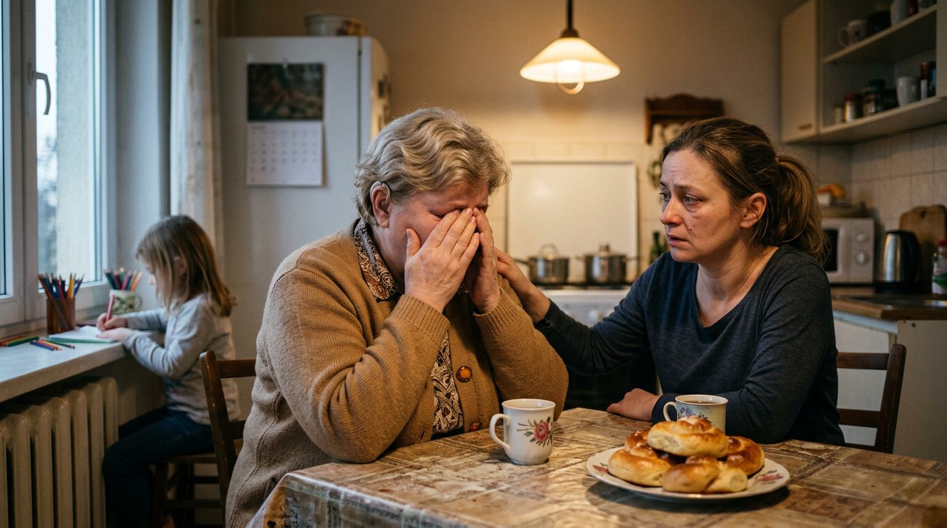 Matka płacze przy kuchennym stole, córka kładzie jej dłoń na ramieniu