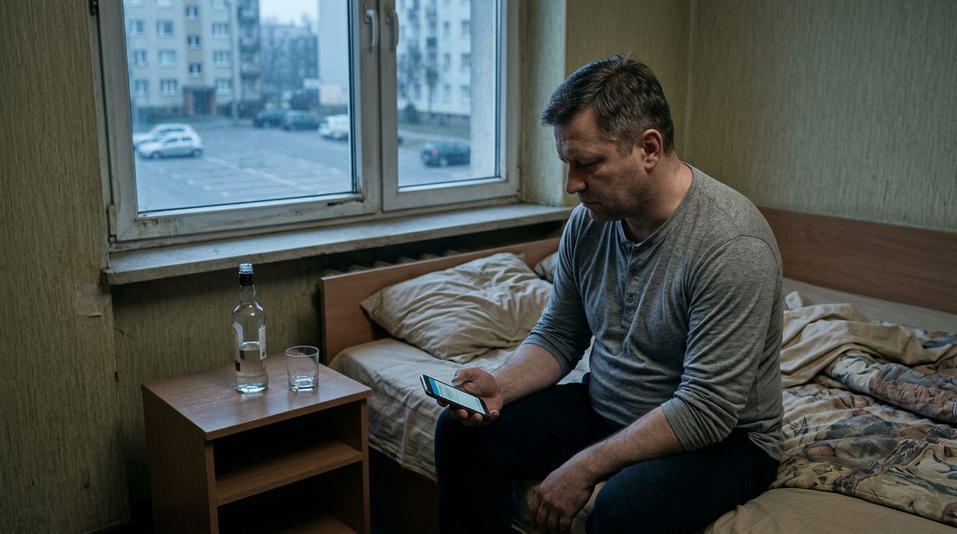 Mężczyzna o świcie siedzi na łóżku w hotelowym pokoju z widokiem na parking