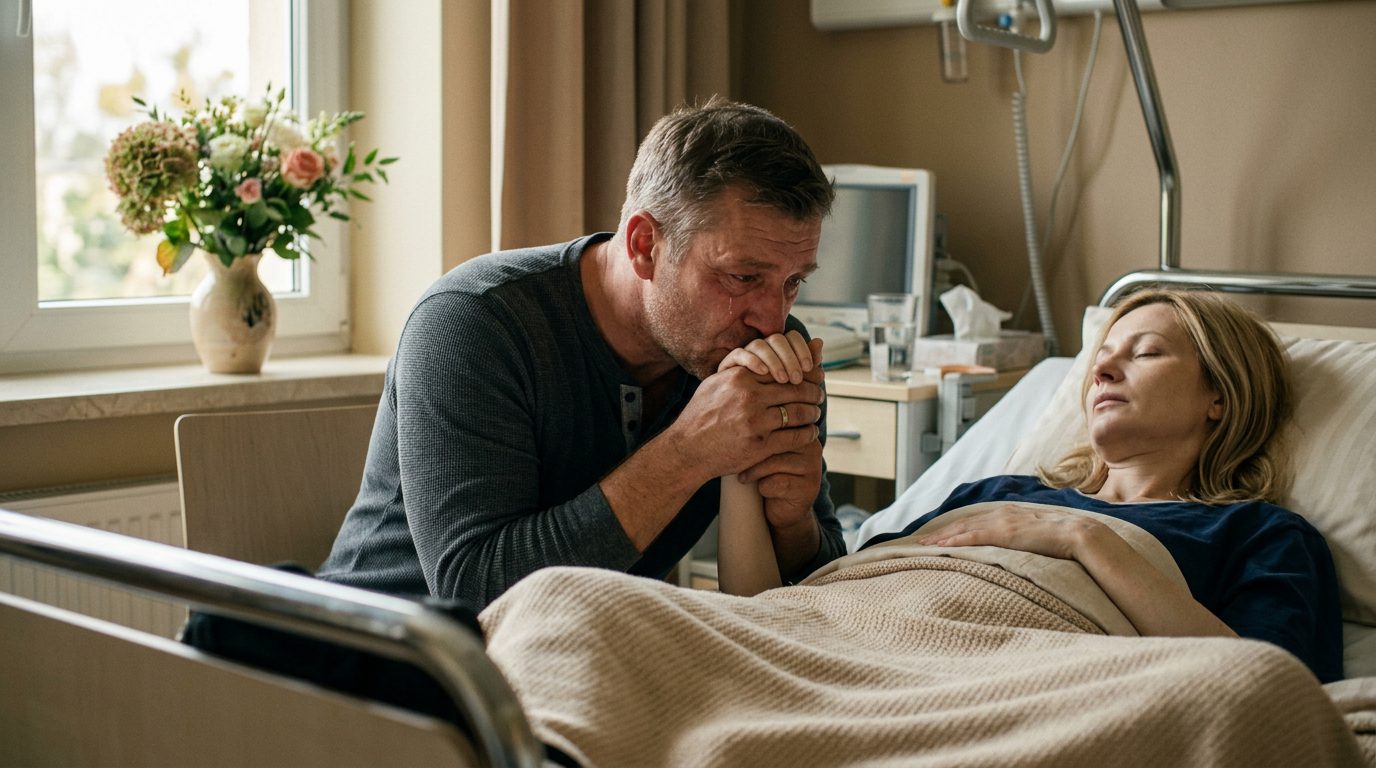 Mąż trzyma za rękę żonę leżącą w szpitalnym łóżku