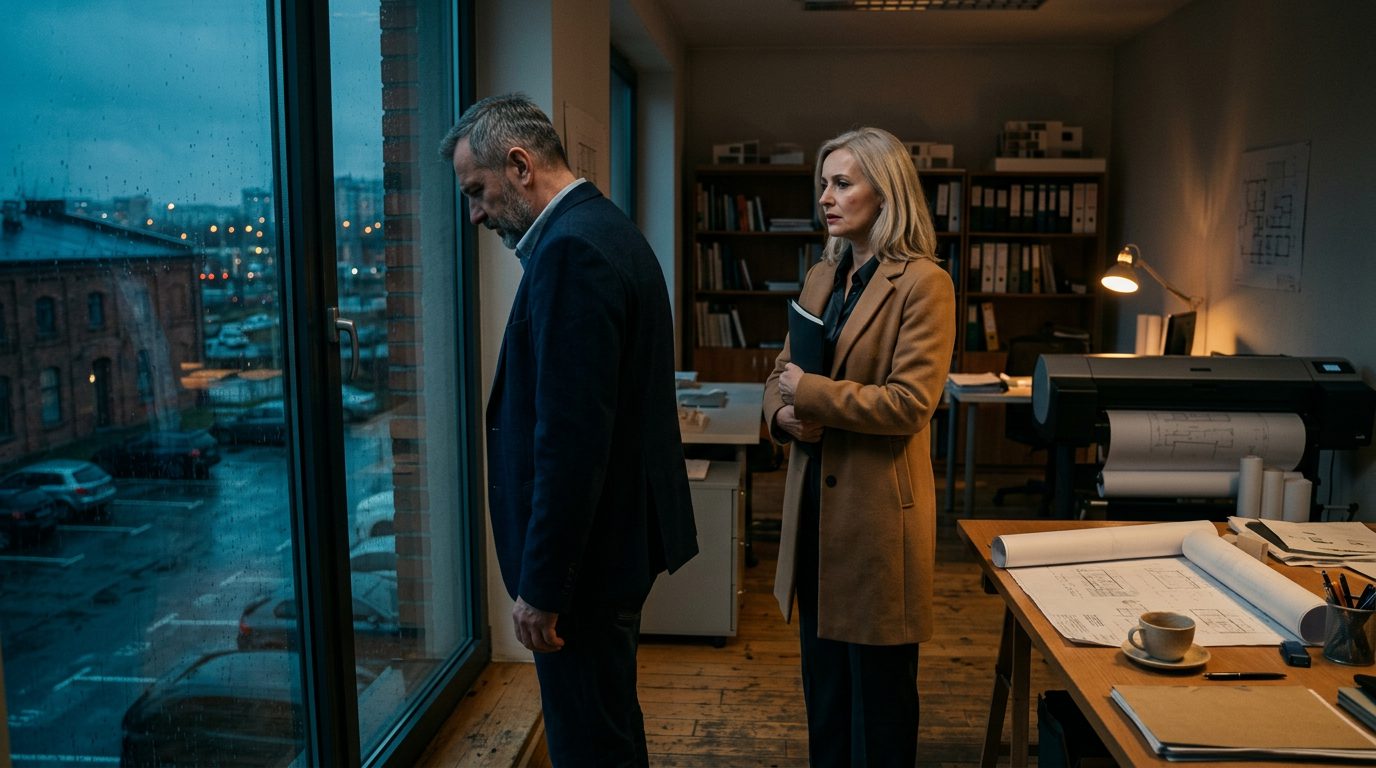 Mąż płacze przy oknie pracowni, żona stoi za nim z teczką w dłoniach