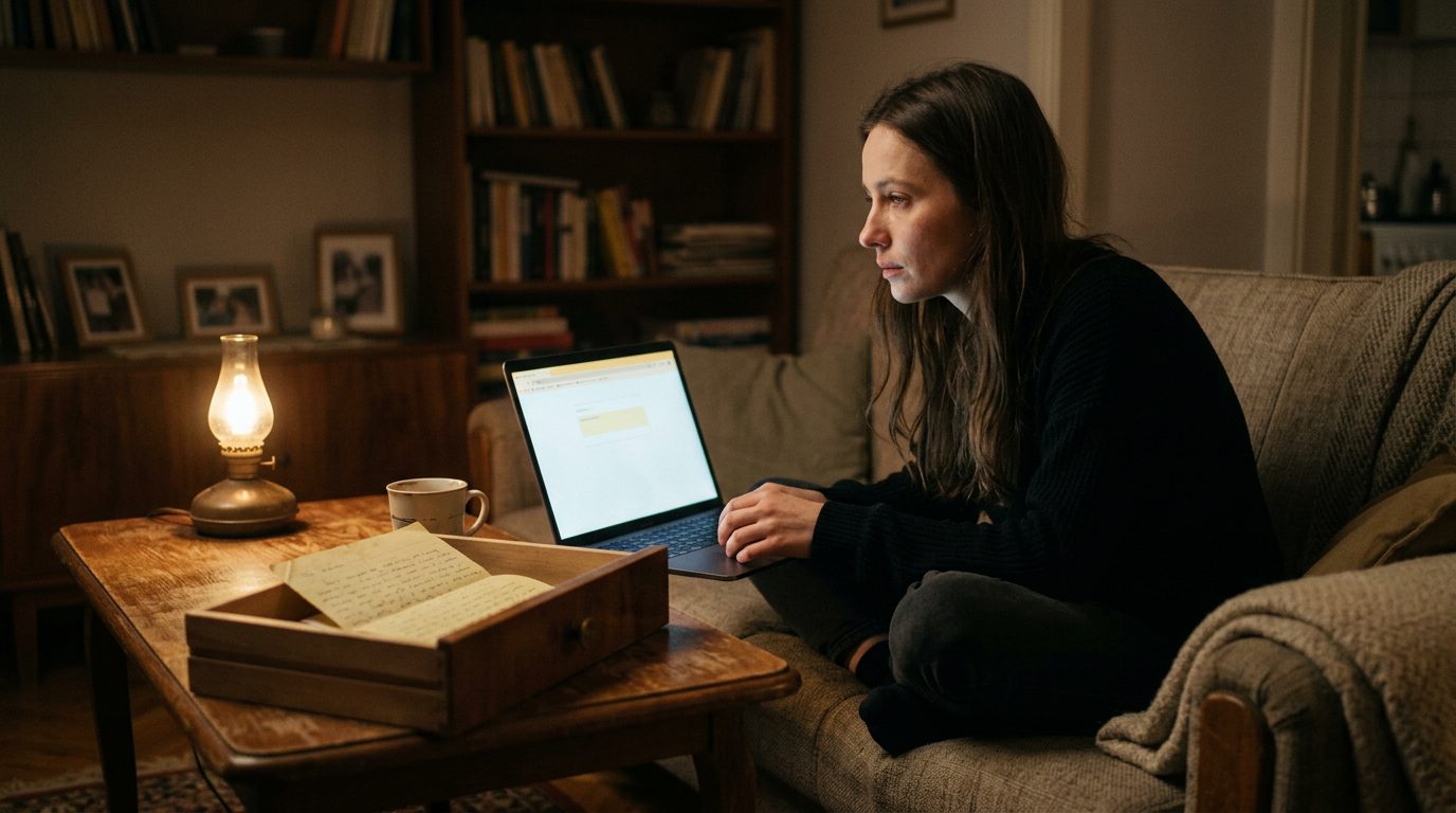 Wdowa wieczorem wpatruje się w ekran laptopa, obok leży stary list