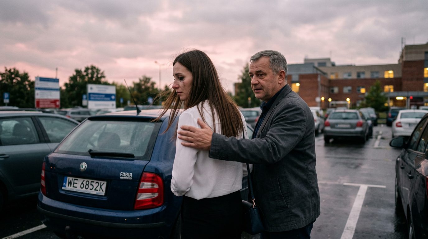 Lekarz dogania płaczącą kobietę na szpitalnym parkingu i obejmuje ją ramieniem