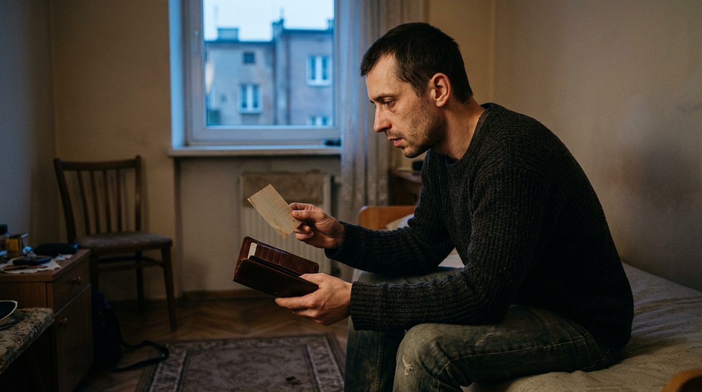 Młody mężczyzna o zmierzchu trzyma w dłoni odwrócone zdjęcie wyjęte z kalendarzyka