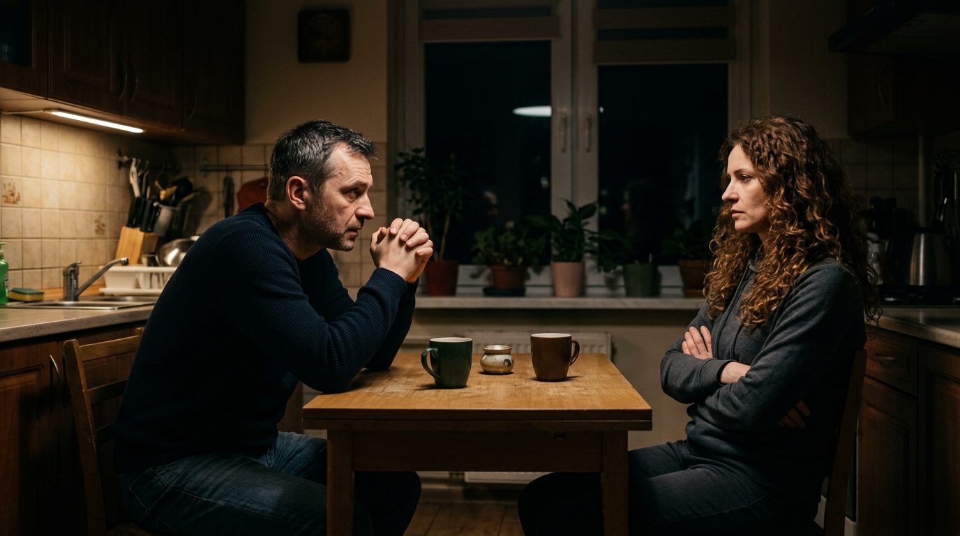 Nocna rozmowa małżonków przy kuchennym stole w świetle jednej lampki