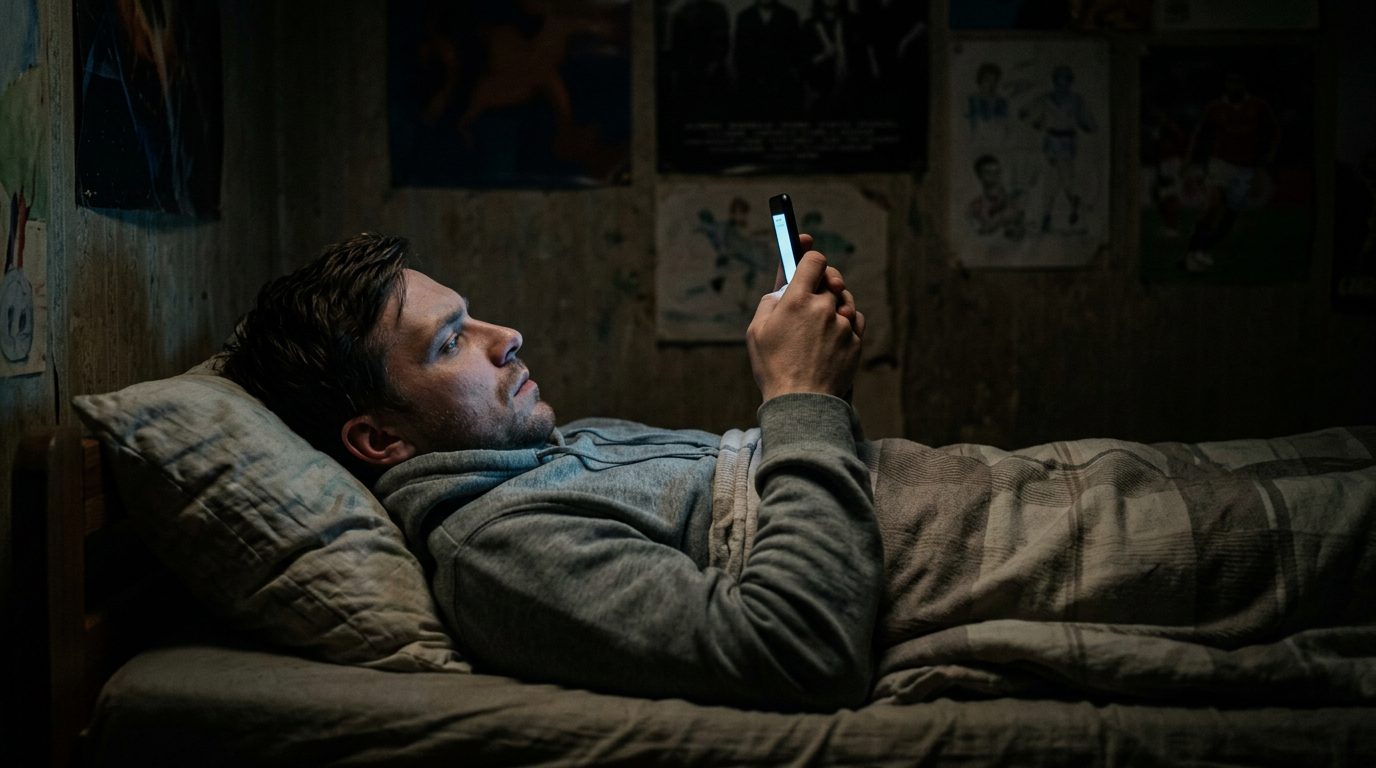 Mężczyzna w ciemnym pokoju wpatruje się w świecący ekran telefonu