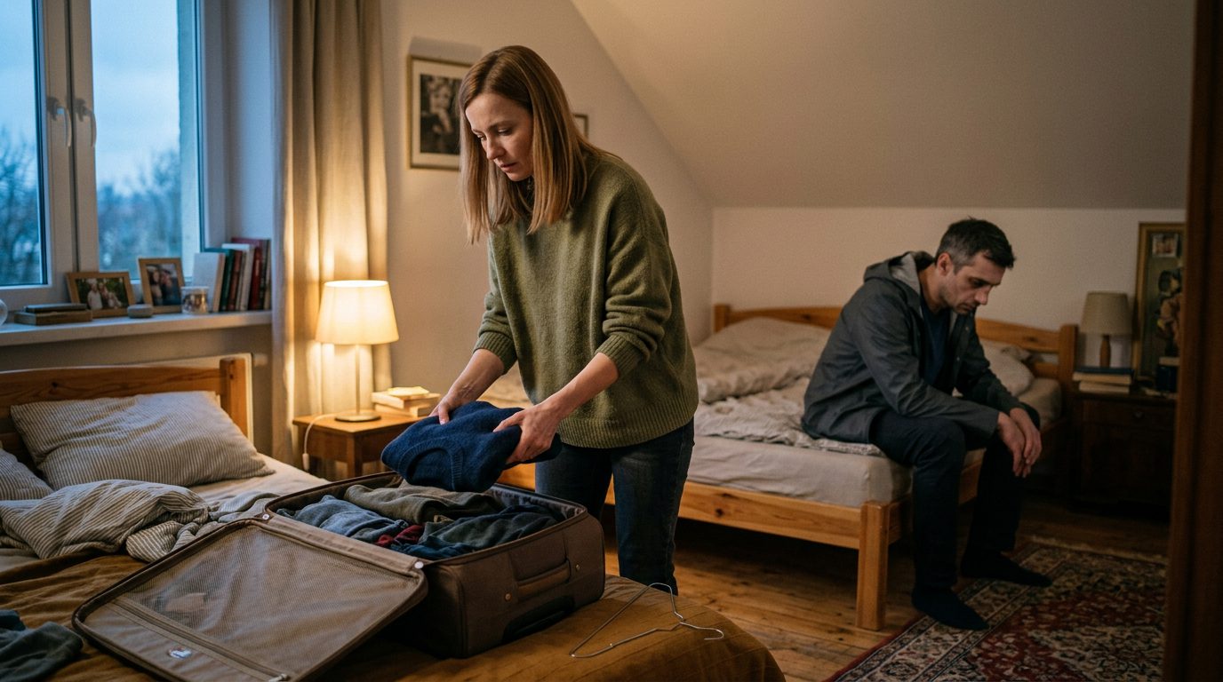 Kobieta pakuje walizkę, a mąż siedzi ze spuszczoną głową na brzegu łóżka