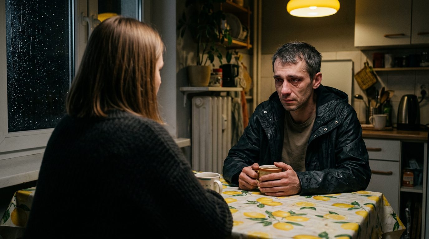 Mąż ze łzami w oczach przy kuchennym stole z ceratą w cytryny